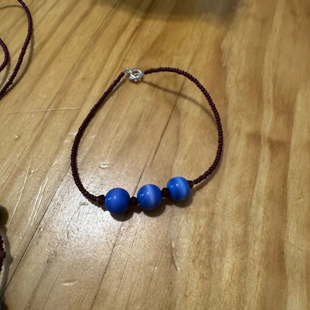 Blue Maroon Beaded Artisan Glass Pendant Necklace 15” with Bracelet/Earrings